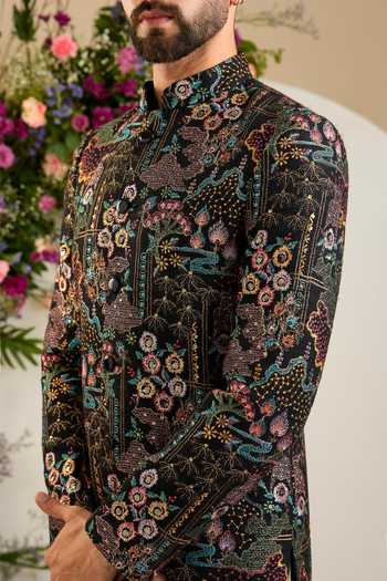 Kasbah_Black Savile Tropical Floral Embroidered Sherwani _Online_at_Aza_Fashions