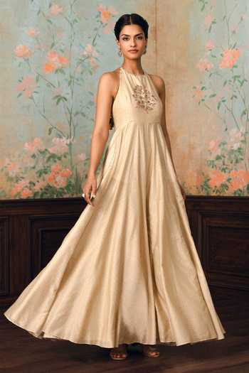 Paulmi And Harsh_Ivory Silk, Cotton Halter Neck Sylvia Printed Jumpsuit _Online_at_Aza_Fashions