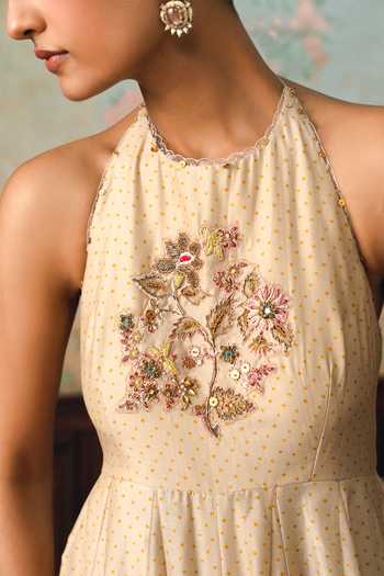 Buy_Paulmi And Harsh_Ivory Silk, Cotton Halter Neck Sylvia Printed Jumpsuit _Online_at_Aza_Fashions
