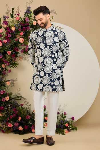Kasbah Blue Silk Floral Dori Embroidered Kurta Online at Aza Fashions Kasbah_Blue Silk Floral Dori Embroidered Kurta _Online_at_Aza_Fashions