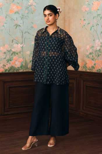 Shop Paulmi And Harsh Blue Organza, Shantoon Collared Neck, Bandeau Milo Printed Shirt With Tube Top Online at Aza Fashions Shop_Paulmi And Harsh_Blue Organza, Shantoon Collared Neck, Bandeau Milo Printed Shirt With Tube Top _Online_at_Aza_Fashions