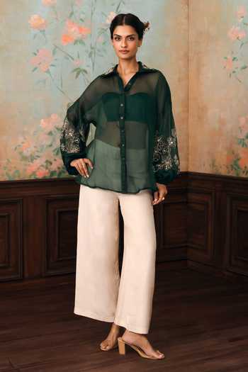 Shop_Paulmi And Harsh_Green Organza, Lace, Chantilly, Shantoon Collared Kylie Sheer Shirt With Top _Online_at_Aza_Fashions
