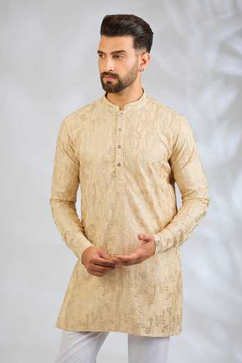 Buy_SPRING BREAK_Peach Silk, Cotton Sequin Embroidered Kurta Set _Online_at_Aza_Fashions