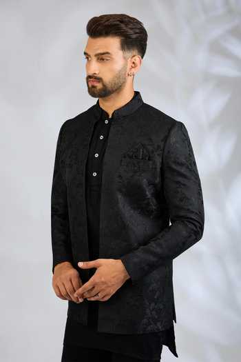 SPRING BREAK_Black Silk, Cotton Satin Botanical Embroidered Jacket And Kurta Set _Online_at_Aza_Fashions