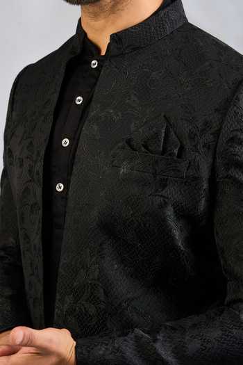 Buy_SPRING BREAK_Black Silk, Cotton Satin Botanical Embroidered Jacket And Kurta Set _Online_at_Aza_Fashions