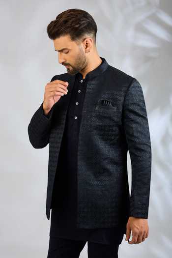 SPRING BREAK_Blue Silk, Cotton Satin Woven Jacket And Kurta Set _Online_at_Aza_Fashions