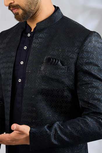 Buy_SPRING BREAK_Blue Silk, Cotton Satin Woven Jacket And Kurta Set _Online_at_Aza_Fashions