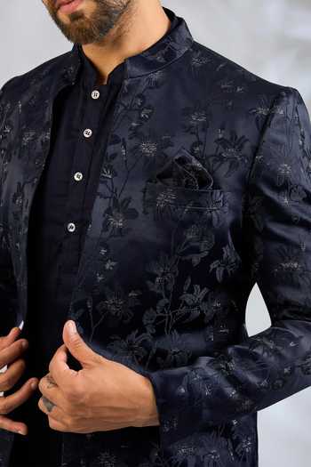 Shop_SPRING BREAK_Blue Silk, Cotton Satin Floral Embroidered Jacket And Kurta Set _Online_at_Aza_Fashions