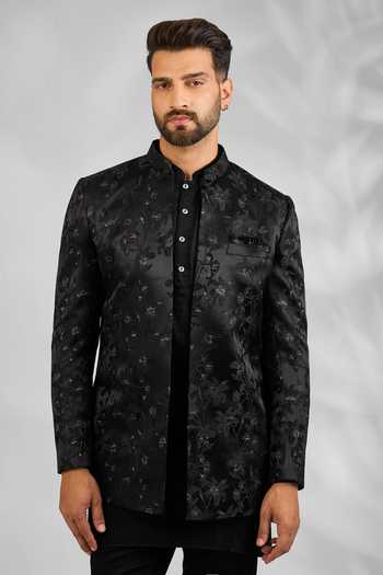 Shop SPRING BREAK Black Silk, Cotton Satin Floral Embroidered Jacket And Kurta Set Online at Aza Fashions Shop_SPRING BREAK_Black Silk, Cotton Satin Floral Embroidered Jacket And Kurta Set _Online_at_Aza_Fashions