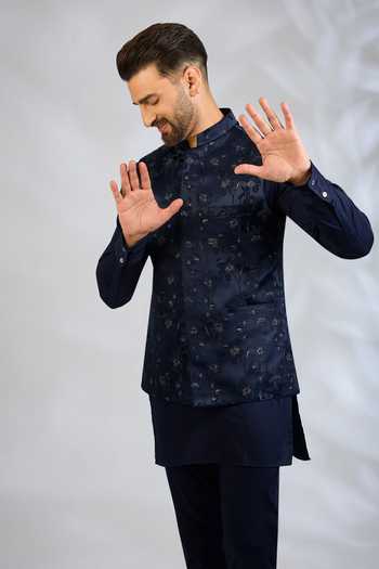 SPRING BREAK Blue Silk, Cotton Satin Embroidery Floral Bundi And Kurta Set Online at Aza Fashions SPRING BREAK_Blue Silk, Cotton Satin Embroidery Floral Bundi And Kurta Set _Online_at_Aza_Fashions
