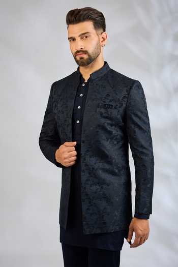 SPRING BREAK_Blue Silk, Cotton Satin Botanical Embroidered Jacket And Kurta Set _Online_at_Aza_Fashions