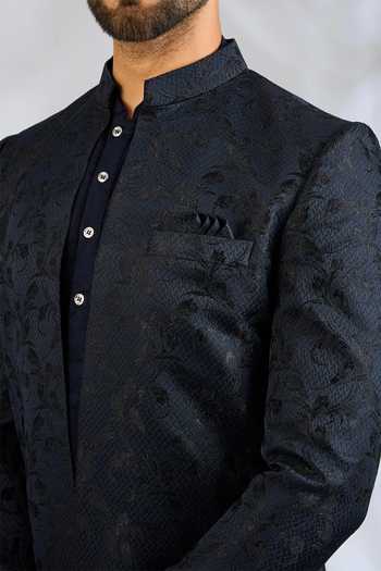 Buy_SPRING BREAK_Blue Silk, Cotton Satin Botanical Embroidered Jacket And Kurta Set _Online_at_Aza_Fashions