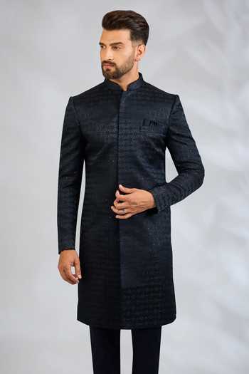 SPRING BREAK_Blue Silk, Cotton Satin Geometric Embroidered Sherwani Set _Online_at_Aza_Fashions