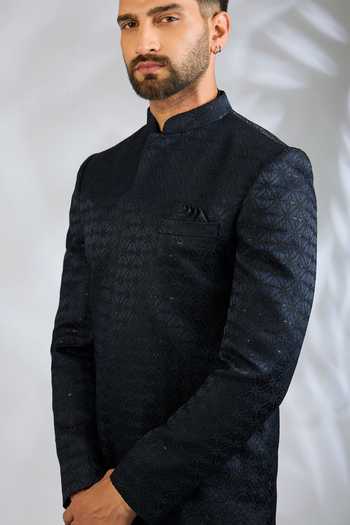 Buy_SPRING BREAK_Blue Silk, Cotton Satin Geometric Embroidered Sherwani Set _Online_at_Aza_Fashions