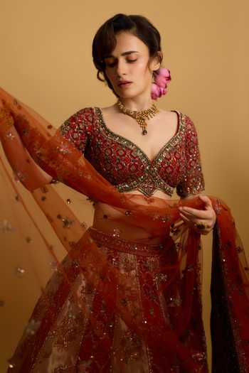 Shop Roqa Maroon Silk, Net Sweetheart Neck Zareen Banaras Bridal Lehenga Set Online at Aza Fashions Shop_Roqa_Maroon Silk, Net Sweetheart Neck Zareen Banaras Bridal Lehenga Set _Online_at_Aza_Fashions
