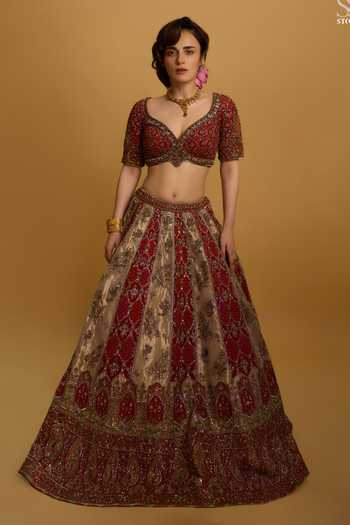 Buy Roqa Maroon Silk, Net Sweetheart Neck Zareen Banaras Bridal Lehenga Set Buy_Roqa_Maroon Silk, Net Sweetheart Neck Zareen Banaras Bridal Lehenga Set