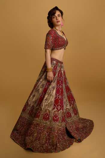 Shop Roqa Maroon Silk, Net Sweetheart Neck Zareen Banaras Bridal Lehenga Set Shop_Roqa_Maroon Silk, Net Sweetheart Neck Zareen Banaras Bridal Lehenga Set