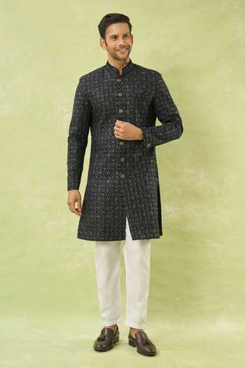 Buy Arihant Rai Sinha Black Velvet, Polyester, Viscose Embroidery, Floral Sherwani And Polo Pant Buy_Arihant Rai Sinha_Black Velvet, Polyester, Viscose Embroidery, Floral Sherwani And Polo Pant