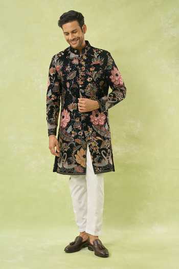 Arihant Rai Sinha Black Velvet, Polyester, Viscose Embroidery, Sequins Sherwani And Polo Pant at Aza Fashions Arihant Rai Sinha_Black Velvet, Polyester, Viscose Embroidery, Sequins Sherwani And Polo Pant _at_Aza_Fashions