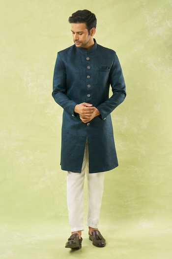 Arihant Rai Sinha Blue Jacquard, Polyester, Viscose Geometric Woven Sherwani Set at Aza Fashions Arihant Rai Sinha_Blue Jacquard, Polyester, Viscose Geometric Woven Sherwani Set _at_Aza_Fashions