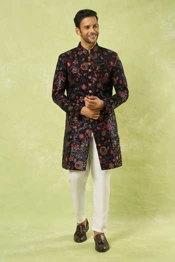 Arihant Rai Sinha_Wine Velvet, Polyester Embroidery, Sequins Sherwani With Polo Pant _at_Aza_Fashions