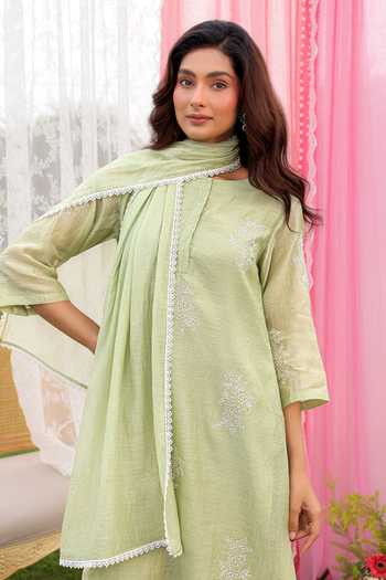 Buy Charu Makkar Green Chanderi Mandarin Collar Hana Dori Embroidered Kurta Set Buy_Charu Makkar_Green Chanderi Mandarin Collar Hana Dori Embroidered Kurta Set
