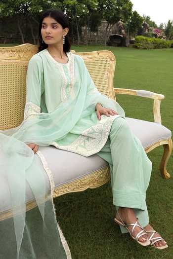 Buy Charu Makkar Green Chanderi, Organza Round Neck Gia Embroidered Kurta Farshi Salwar Set Online at Aza Fashions Buy_Charu Makkar_Green Chanderi, Organza Round Neck Gia Embroidered Kurta Farshi Salwar Set _Online_at_Aza_Fashions