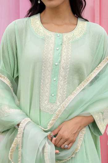Shop Charu Makkar Green Chanderi, Organza Round Neck Gia Embroidered Kurta Farshi Salwar Set Shop_Charu Makkar_Green Chanderi, Organza Round Neck Gia Embroidered Kurta Farshi Salwar Set