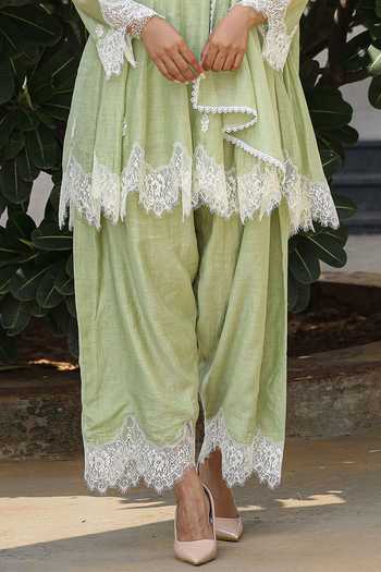 Charu Makkar Green Chanderi V-neck Belle Dori Embroidered Short Anarkali Set Online at Aza Fashions Charu Makkar_Green Chanderi V-neck Belle Dori Embroidered Short Anarkali Set _Online_at_Aza_Fashions