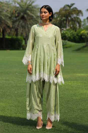 Shop Charu Makkar Green Chanderi V-neck Belle Dori Embroidered Short Anarkali Set Online at Aza Fashions Shop_Charu Makkar_Green Chanderi V-neck Belle Dori Embroidered Short Anarkali Set _Online_at_Aza_Fashions