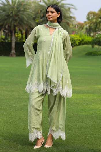 Charu Makkar Green Chanderi V-neck Belle Dori Embroidered Short Anarkali Set at Aza Fashions Charu Makkar_Green Chanderi V-neck Belle Dori Embroidered Short Anarkali Set _at_Aza_Fashions