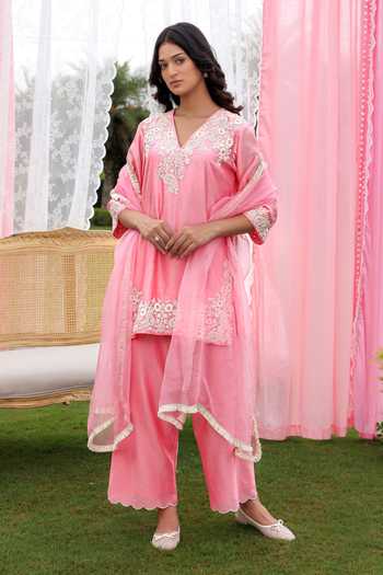 Charu Makkar Pink Silk, Chanderi, Organza V-neck, Yes Rose Dori Embroidered Kurta Set at Aza Fashions Charu Makkar_Pink Silk, Chanderi, Organza V-neck, Yes Rose Dori Embroidered Kurta Set _at_Aza_Fashions
