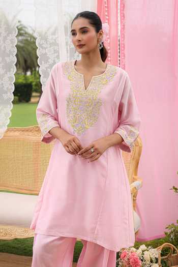 Charu Makkar Pink Silk, Chanderi, Satin, Modal, Tissue Chloe Resham Embroidered Kurta Set Online at Aza Fashions Charu Makkar_Pink Silk, Chanderi, Satin, Modal, Tissue Chloe Resham Embroidered Kurta Set _Online_at_Aza_Fashions