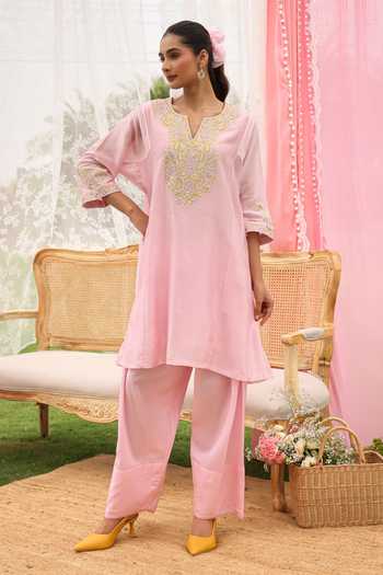Buy Charu Makkar Pink Silk, Chanderi, Satin, Modal, Tissue Chloe Resham Embroidered Kurta Set Online at Aza Fashions Buy_Charu Makkar_Pink Silk, Chanderi, Satin, Modal, Tissue Chloe Resham Embroidered Kurta Set _Online_at_Aza_Fashions