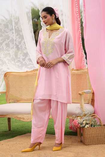 Shop Charu Makkar Pink Silk, Chanderi, Satin, Modal, Tissue Chloe Resham Embroidered Kurta Set Online at Aza Fashions Shop_Charu Makkar_Pink Silk, Chanderi, Satin, Modal, Tissue Chloe Resham Embroidered Kurta Set _Online_at_Aza_Fashions