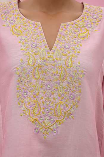 Shop Charu Makkar Pink Silk, Chanderi, Satin, Modal, Tissue Chloe Resham Embroidered Kurta Set Shop_Charu Makkar_Pink Silk, Chanderi, Satin, Modal, Tissue Chloe Resham Embroidered Kurta Set