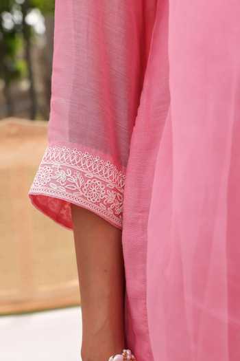 Charu Makkar Peach Chanderi, Organza, Lace Split Sophia Dori Embroidered Kurta Pant Set Online at Aza Fashions Charu Makkar_Peach Chanderi, Organza, Lace Split Sophia Dori Embroidered Kurta Pant Set _Online_at_Aza_Fashions