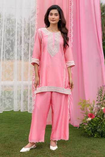 Charu Makkar Pink Silk, Chanderi, Organza Round Neck Josette Dori Embroidered Kurta Set Online at Aza Fashions Charu Makkar_Pink Silk, Chanderi, Organza Round Neck Josette Dori Embroidered Kurta Set _Online_at_Aza_Fashions