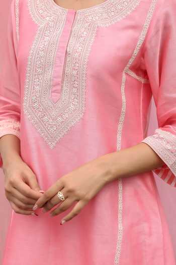 Buy Charu Makkar Pink Silk, Chanderi, Organza Round Neck Josette Dori Embroidered Kurta Set Online at Aza Fashions Buy_Charu Makkar_Pink Silk, Chanderi, Organza Round Neck Josette Dori Embroidered Kurta Set _Online_at_Aza_Fashions