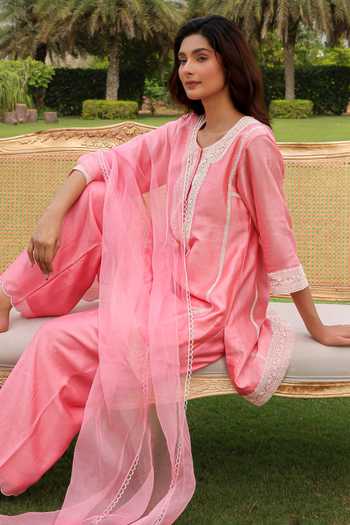 Shop Charu Makkar Pink Silk, Chanderi, Organza Round Neck Josette Dori Embroidered Kurta Set Online at Aza Fashions Shop_Charu Makkar_Pink Silk, Chanderi, Organza Round Neck Josette Dori Embroidered Kurta Set _Online_at_Aza_Fashions