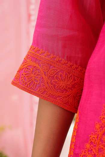 Buy Charu Makkar Pink Chanderi, Cotton V-neck Thea Dori Work Kurta Farshi Salwar Set Buy_Charu Makkar_Pink Chanderi, Cotton V-neck Thea Dori Work Kurta Farshi Salwar Set