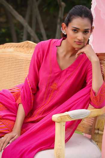 Shop Charu Makkar Pink Chanderi, Cotton V-neck Thea Dori Work Kurta Farshi Salwar Set Shop_Charu Makkar_Pink Chanderi, Cotton V-neck Thea Dori Work Kurta Farshi Salwar Set
