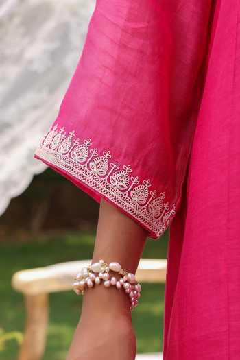 Buy Charu Makkar Pink Chanderi V-neck Anica Dori Embroidered Kurta Set Online at Aza Fashions Buy_Charu Makkar_Pink Chanderi V-neck Anica Dori Embroidered Kurta Set _Online_at_Aza_Fashions