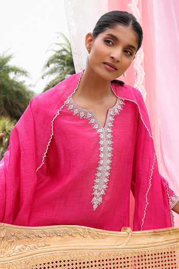 Buy Charu Makkar Pink Chanderi V-neck Anica Dori Embroidered Kurta Set Buy_Charu Makkar_Pink Chanderi V-neck Anica Dori Embroidered Kurta Set