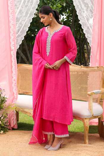 Shop Charu Makkar Pink Chanderi V-neck Anica Dori Embroidered Kurta Set Shop_Charu Makkar_Pink Chanderi V-neck Anica Dori Embroidered Kurta Set