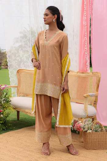 Shop Charu Makkar Beige Chanderi V-neck, Yes Isla Resham Embroidered Kurta Salwar Set Online at Aza Fashions Shop_Charu Makkar_Beige Chanderi V-neck, Yes Isla Resham Embroidered Kurta Salwar Set _Online_at_Aza_Fashions