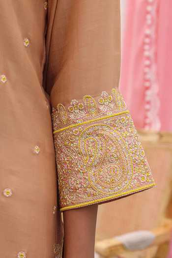 Charu Makkar Beige Chanderi V-neck, Yes Isla Resham Embroidered Kurta Salwar Set at Aza Fashions Charu Makkar_Beige Chanderi V-neck, Yes Isla Resham Embroidered Kurta Salwar Set _at_Aza_Fashions