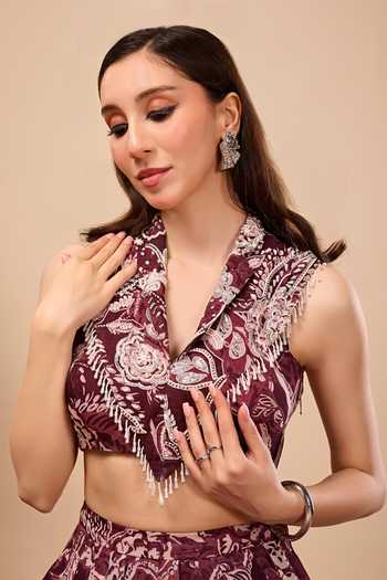 Damoiselle_Wine Georgette, Shantoon Collared Neck Paisley Print Lehenga Blouse Set _Online_at_Aza_Fashions