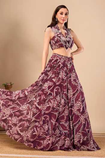 Buy_Damoiselle_Wine Georgette, Shantoon Collared Neck Paisley Print Lehenga Blouse Set _Online_at_Aza_Fashions