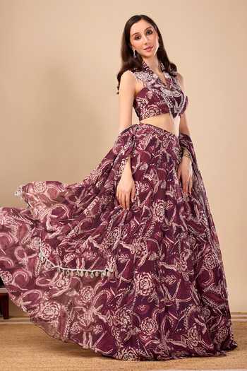 Shop_Damoiselle_Wine Georgette, Shantoon Collared Neck Paisley Print Lehenga Blouse Set _Online_at_Aza_Fashions